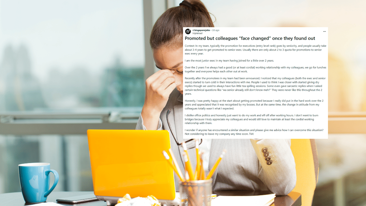 Singaporean worker struggles with strained colleague relationships after early promotion