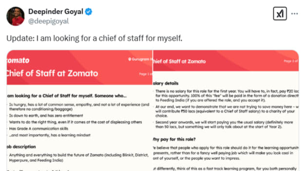 Zomato CEO Deepinder Goyal’s Chief of Staff hiring escapade attracts 30 outstanding candidates
